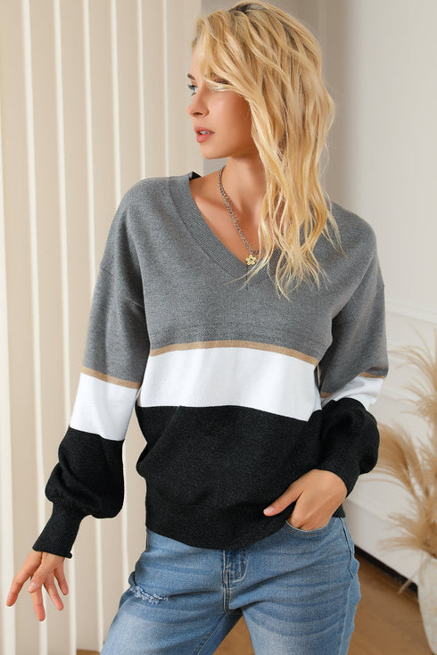 Soft Knit Striped V Neck Pullover Sweater