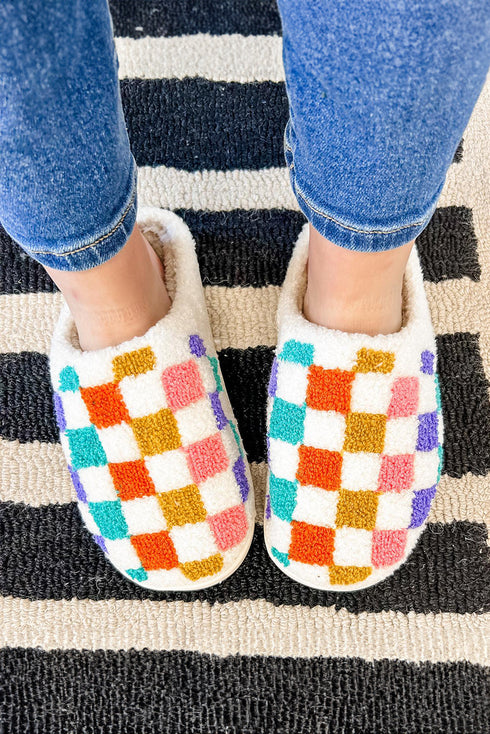 Soft Plush Checkered Round Toe House Slippers