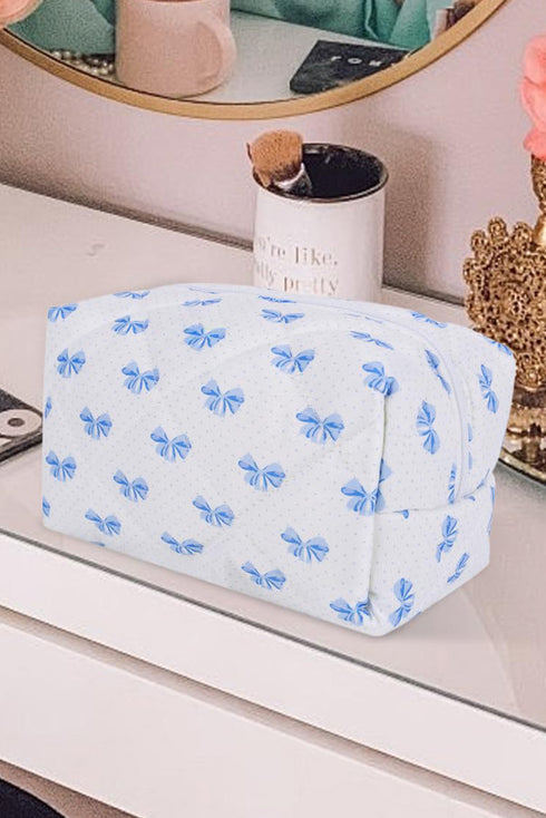 Soft Quilted Bow Detail Zippered Cosmetic Bag