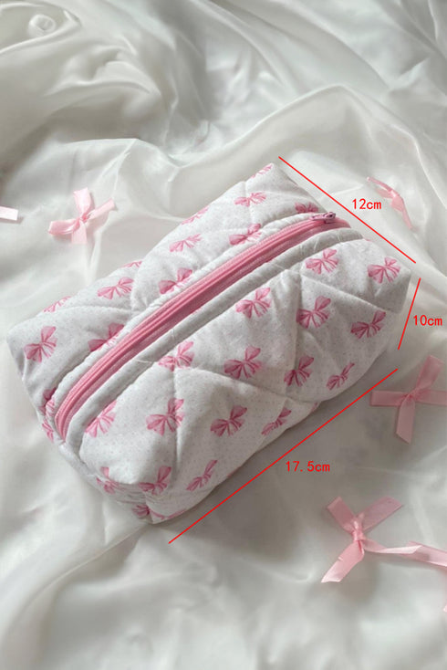 Soft Quilted Bow Detail Zippered Cosmetic Bag