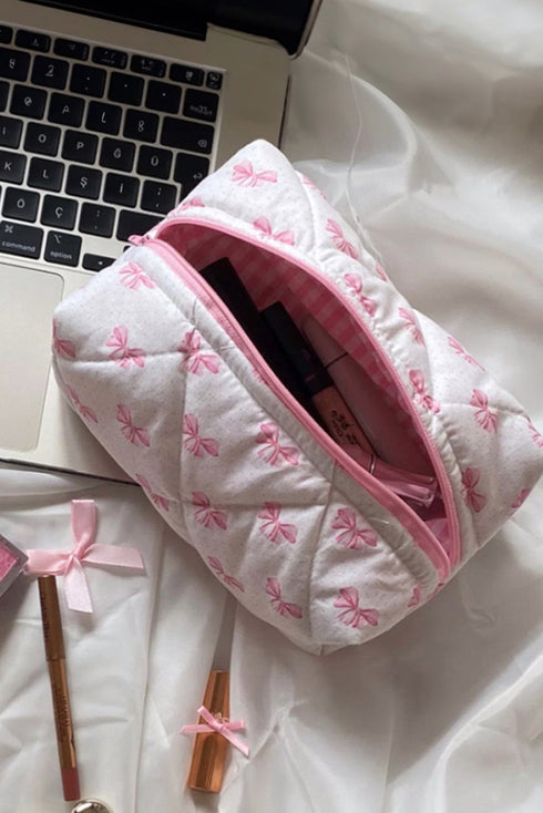 Soft Quilted Bow Detail Zippered Cosmetic Bag