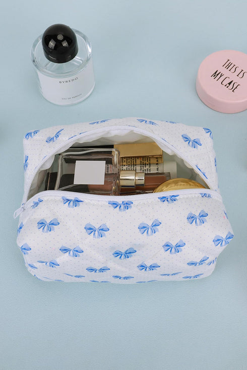 Soft Quilted Bow Detail Zippered Cosmetic Bag
