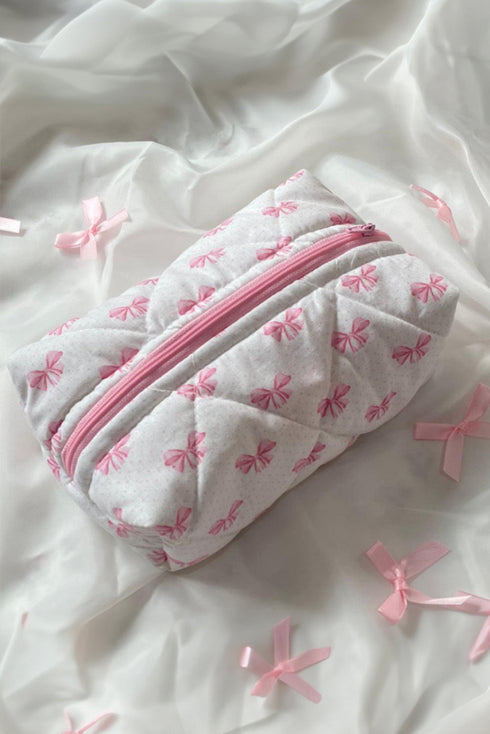 Soft Quilted Bow Detail Zippered Cosmetic Bag