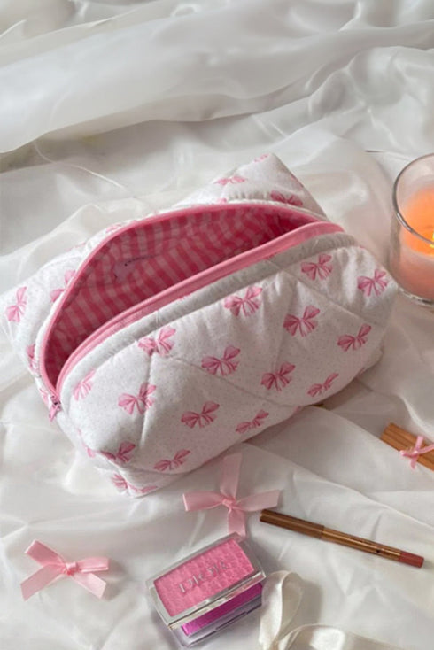 Soft Quilted Bow Detail Zippered Cosmetic Bag