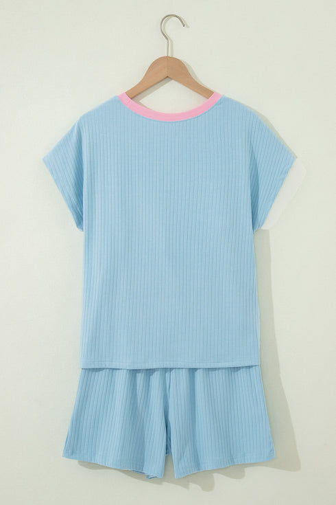 Soft Ribbed Color Block Trim Casual Short Set