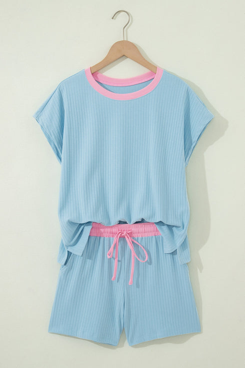 Soft Ribbed Color Block Trim Casual Short Set
