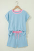 Soft Ribbed Color Block Trim Casual Short Set