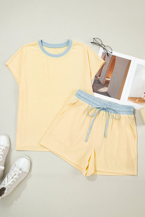 Soft Ribbed Color Block Trim Casual Short Set