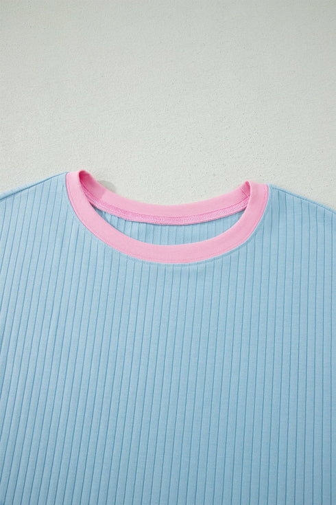 Soft Ribbed Color Block Trim Casual Short Set