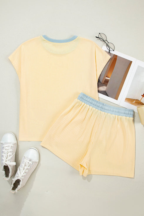 Soft Ribbed Color Block Trim Casual Short Set