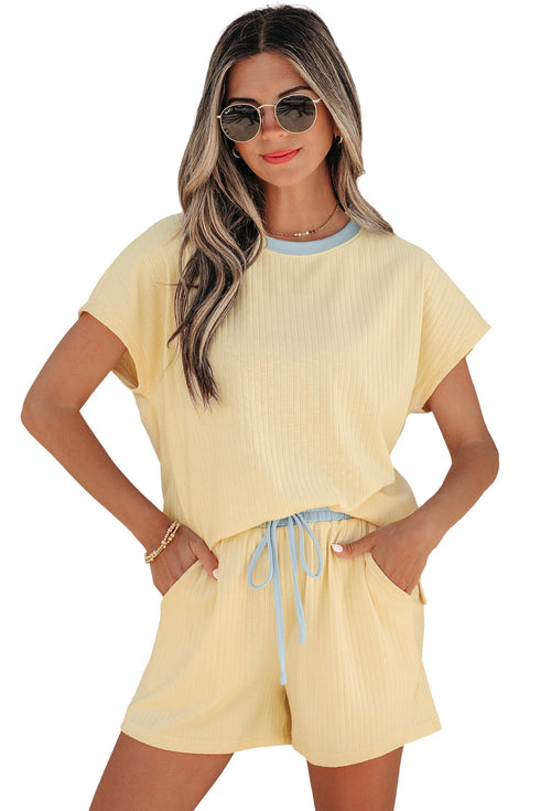 Soft Ribbed Color Block Trim Casual Short Set