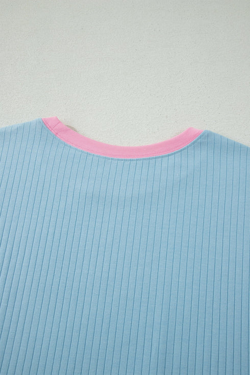 Soft Ribbed Color Block Trim Casual Short Set