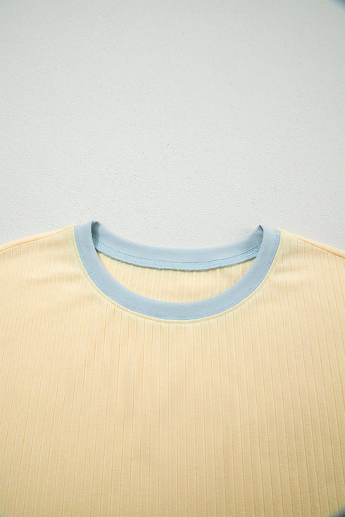 Soft Ribbed Color Block Trim Casual Short Set