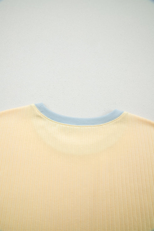 Soft Ribbed Color Block Trim Casual Short Set