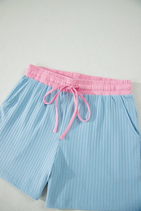 Soft Ribbed Color Block Trim Casual Short Set