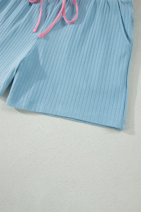 Soft Ribbed Color Block Trim Casual Short Set