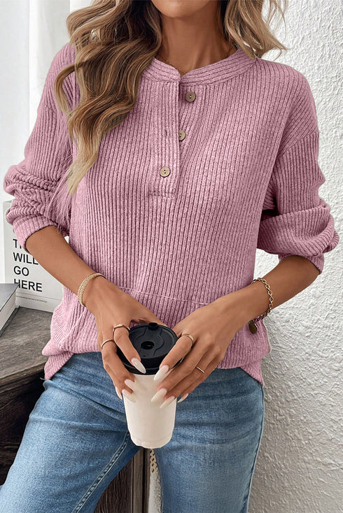 Soft Ribbed Drop Shoulder Button Front Henley Top