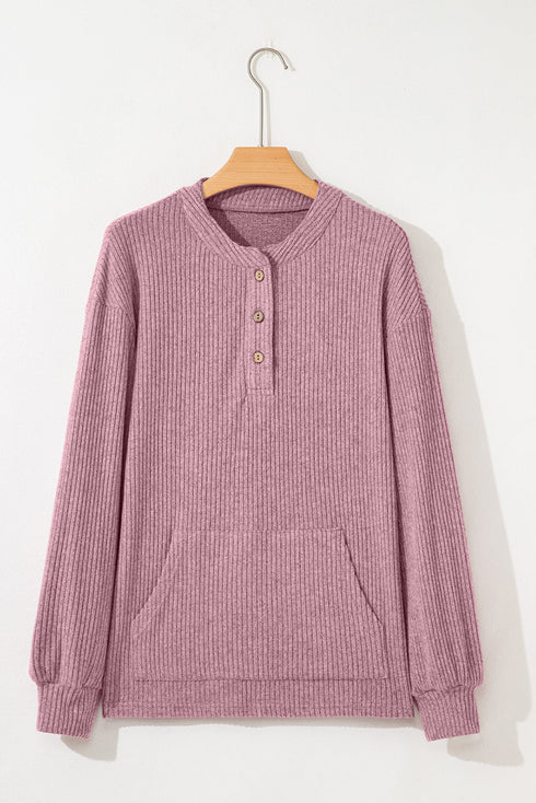 Soft Ribbed Drop Shoulder Button Front Henley Top