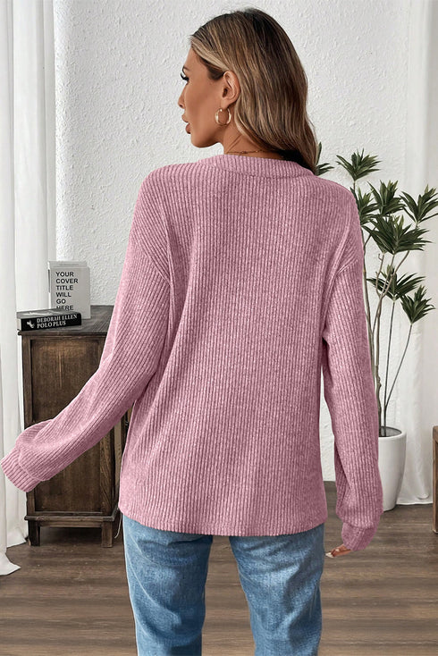 Soft Ribbed Drop Shoulder Button Front Henley Top