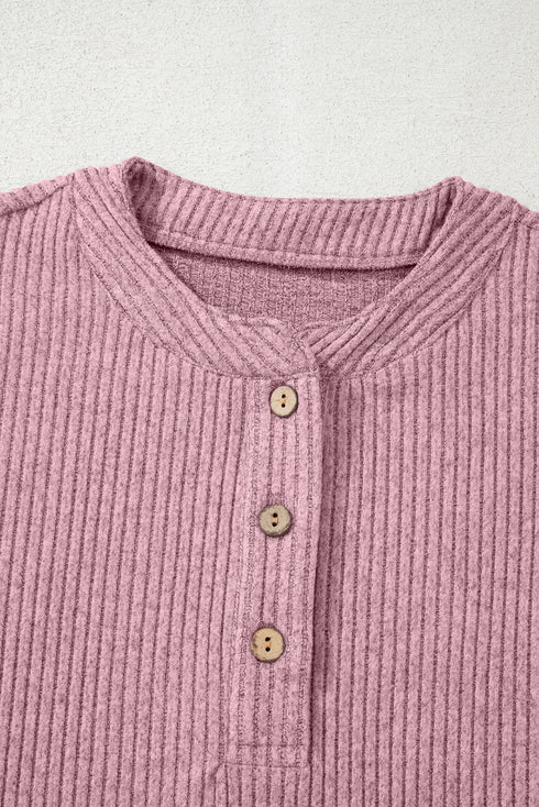 Soft Ribbed Drop Shoulder Button Front Henley Top