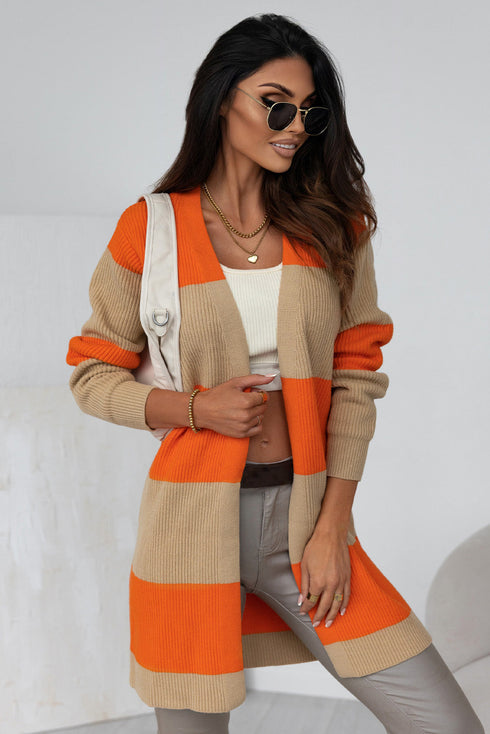 Soft Ribbed Knit Block Stripe Open Cardigan
