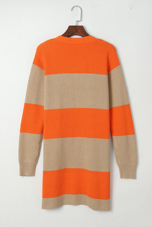 Soft Ribbed Knit Block Stripe Open Cardigan