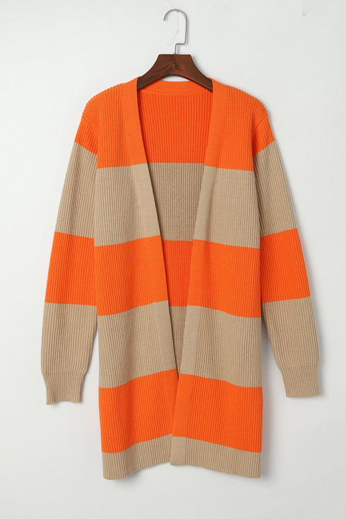 Soft Ribbed Knit Block Stripe Open Cardigan