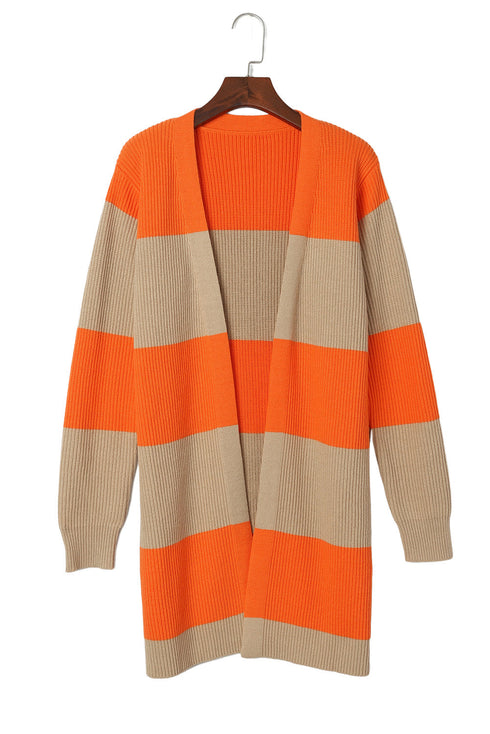 Soft Ribbed Knit Block Stripe Open Cardigan