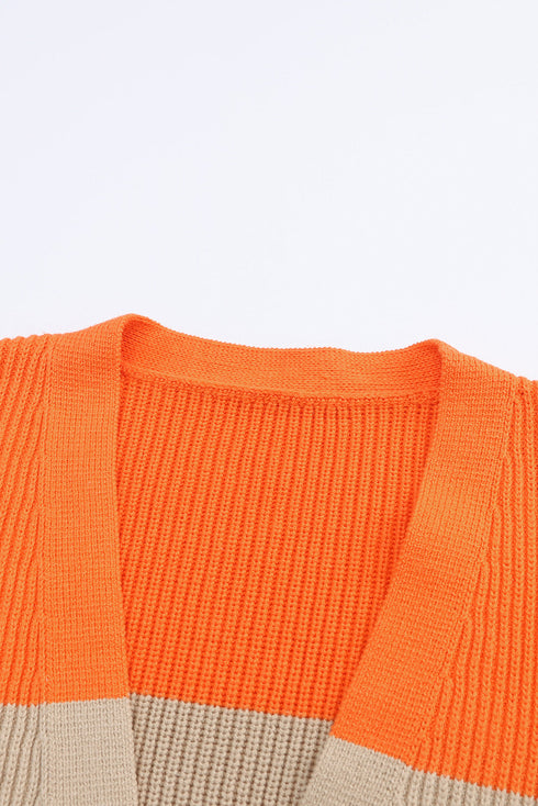 Soft Ribbed Knit Block Stripe Open Cardigan
