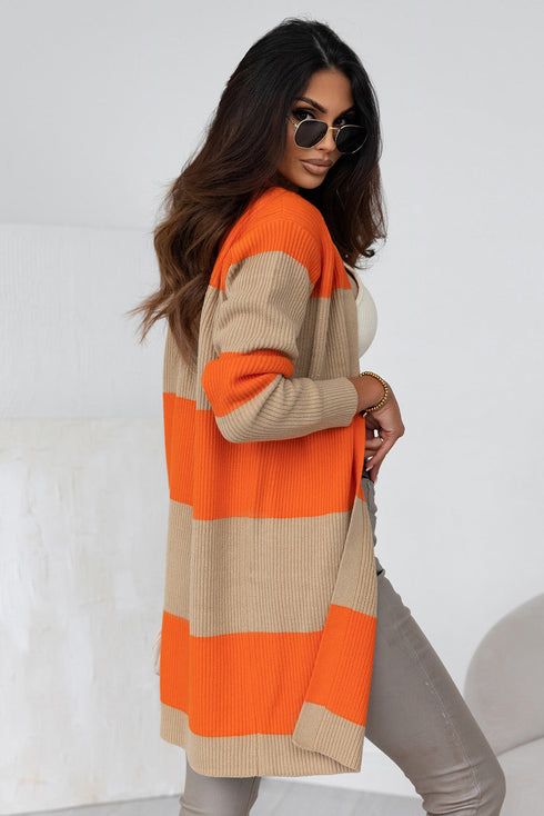 Soft Ribbed Knit Block Stripe Open Cardigan