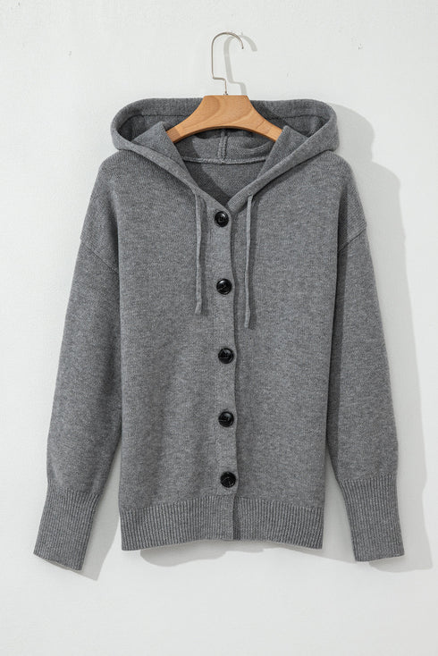 Soft Ribbed Knit Button Front Hooded Cardigan