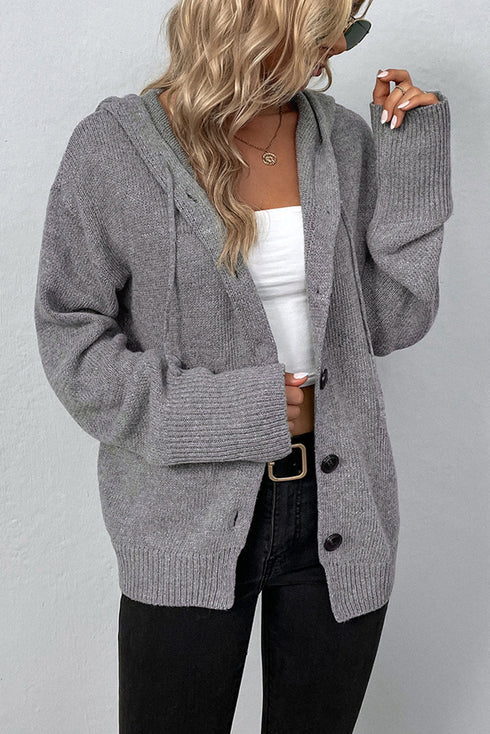 Soft Ribbed Knit Button Front Hooded Cardigan
