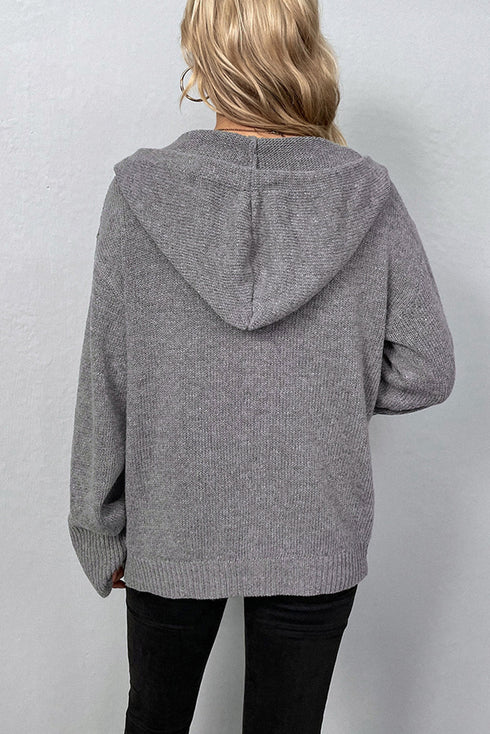 Soft Ribbed Knit Button Front Hooded Cardigan