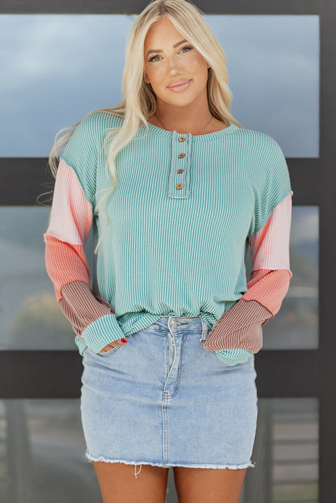 Soft Ribbed Knit Button Front Long Sleeve Top
