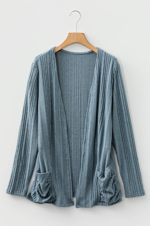 Soft Ribbed Knit Open Front Pocket Cardigan