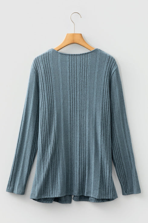 Soft Ribbed Knit Open Front Pocket Cardigan