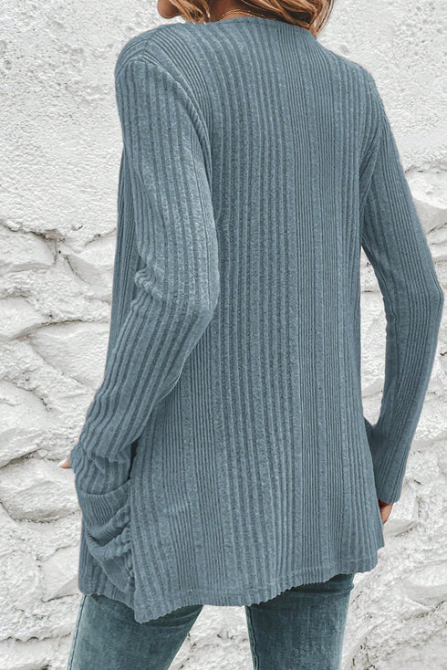 Soft Ribbed Knit Open Front Pocket Cardigan