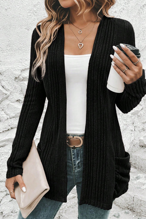 Soft Ribbed Knit Open Front Pocket Cardigan
