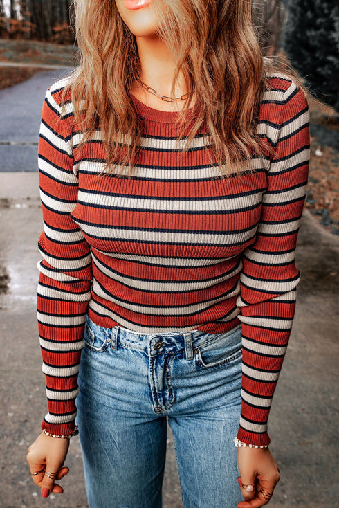 Soft Ribbed Knit Striped Print Slim Fit Top