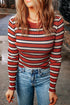 Soft Ribbed Knit Striped Print Slim Fit Top