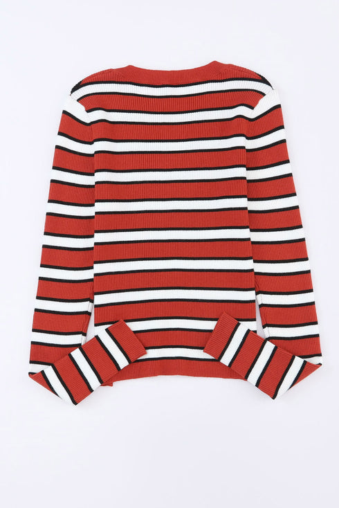 Soft Ribbed Knit Striped Print Slim Fit Top