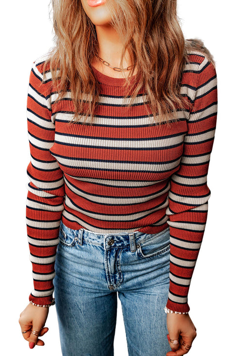 Soft Ribbed Knit Striped Print Slim Fit Top