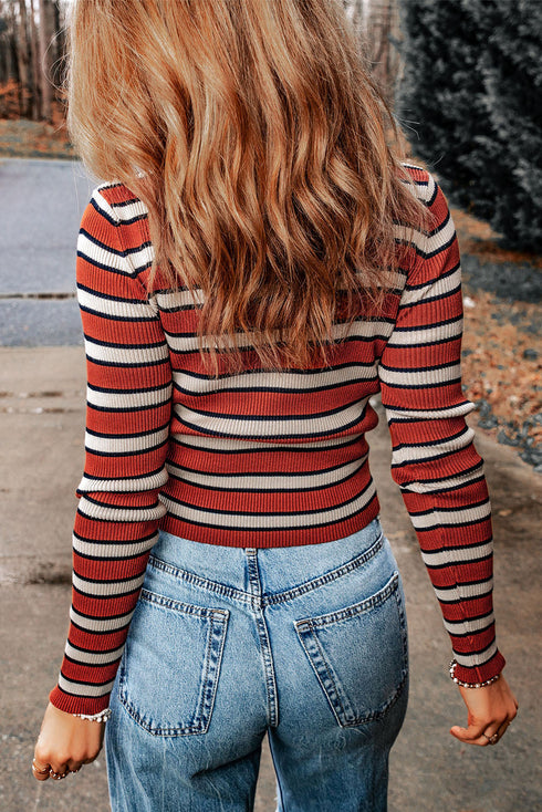 Soft Ribbed Knit Striped Print Slim Fit Top