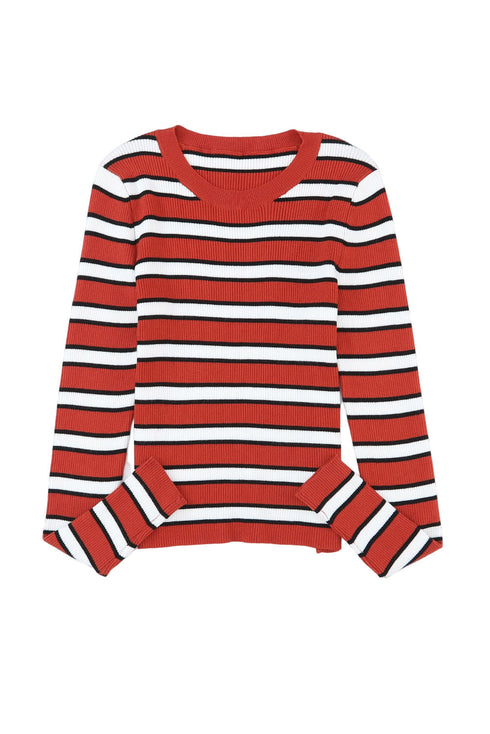 Soft Ribbed Knit Striped Print Slim Fit Top