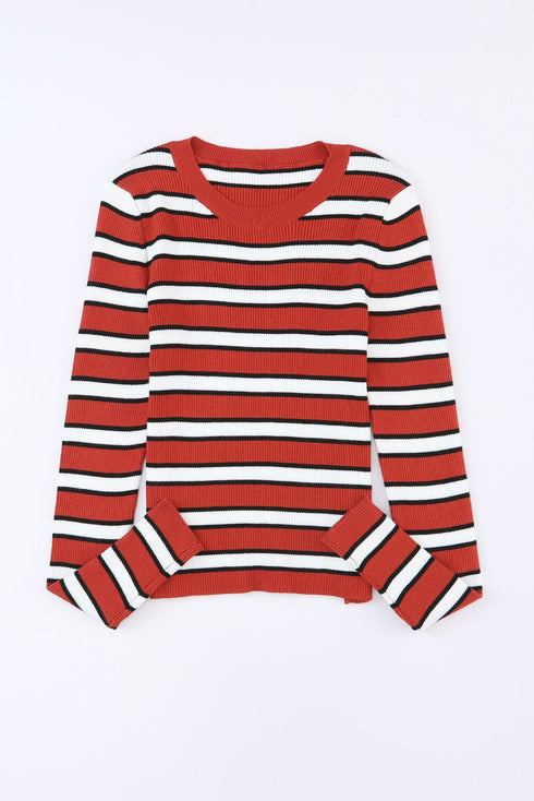Soft Ribbed Knit Striped Print Slim Fit Top