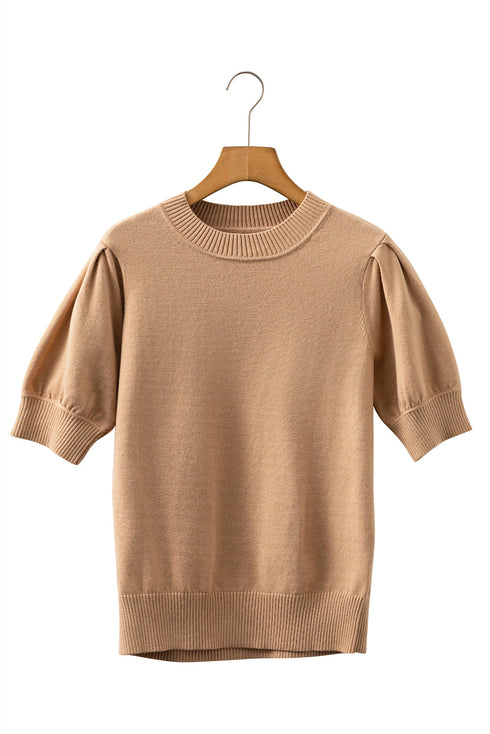 Soft Ribbed Puff Sleeve Crew Neck Knit Sweater