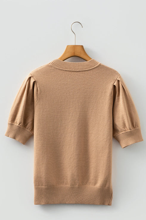 Soft Ribbed Puff Sleeve Crew Neck Knit Sweater