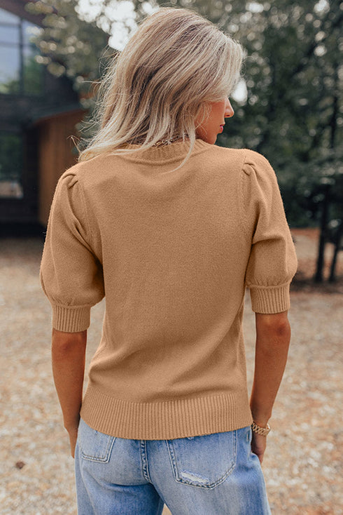 Soft Ribbed Puff Sleeve Crew Neck Knit Sweater
