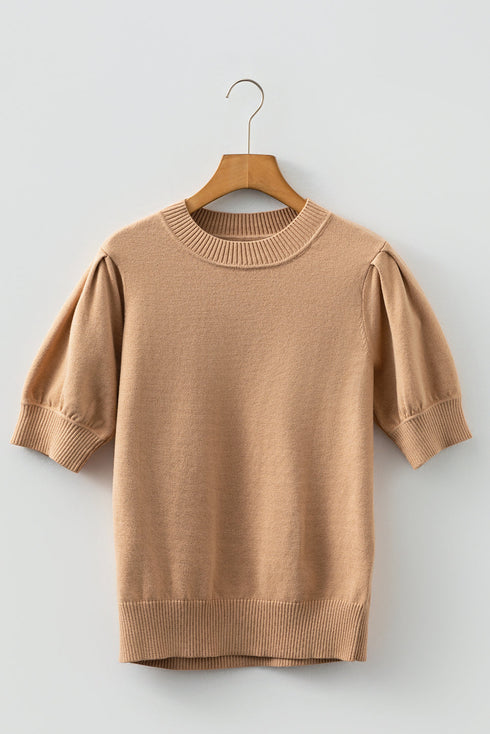 Soft Ribbed Puff Sleeve Crew Neck Knit Sweater