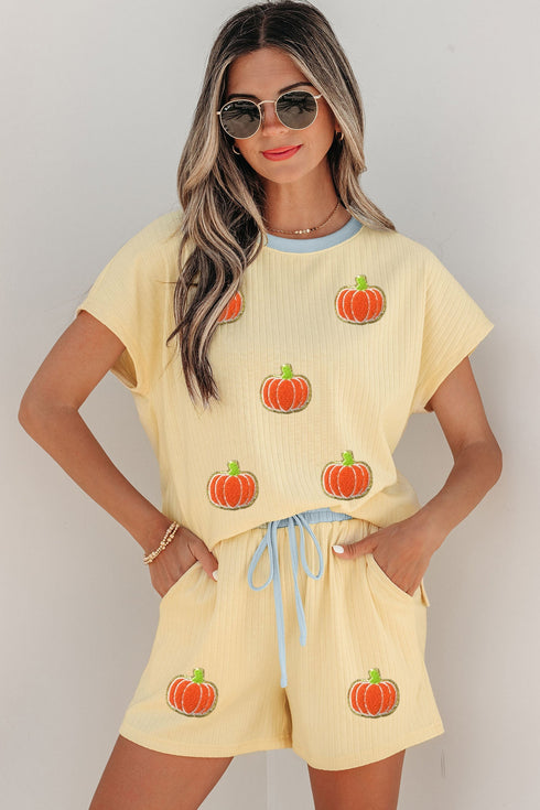 Soft Ribbed Pumpkin Patch Graphic Relaxed Two Piece Short Set